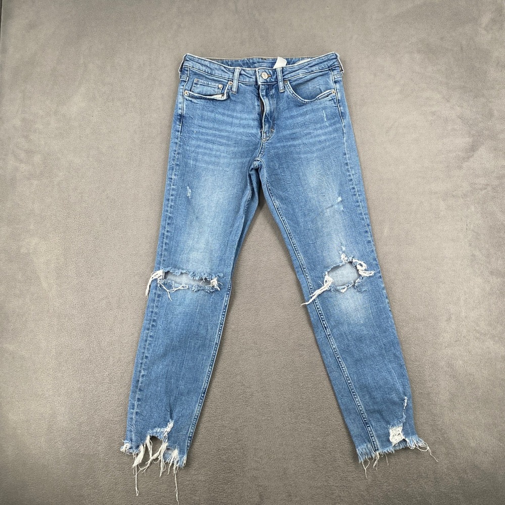 H&M &Denim Girlfriend Fit Distressed Blue Jeans Size 28 Medium Wash Raw Hem